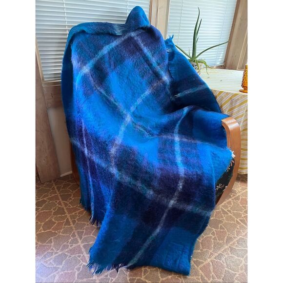 Vintage 1996 Mohair Wool Blue Plaid Blanket Throw 50x70” - Picture 1 of 6